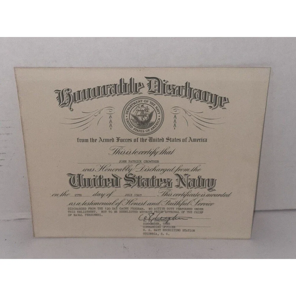 1963 Clemson Delta Kappa Alpha Certificate 1967 Navy Discharge Document Lot